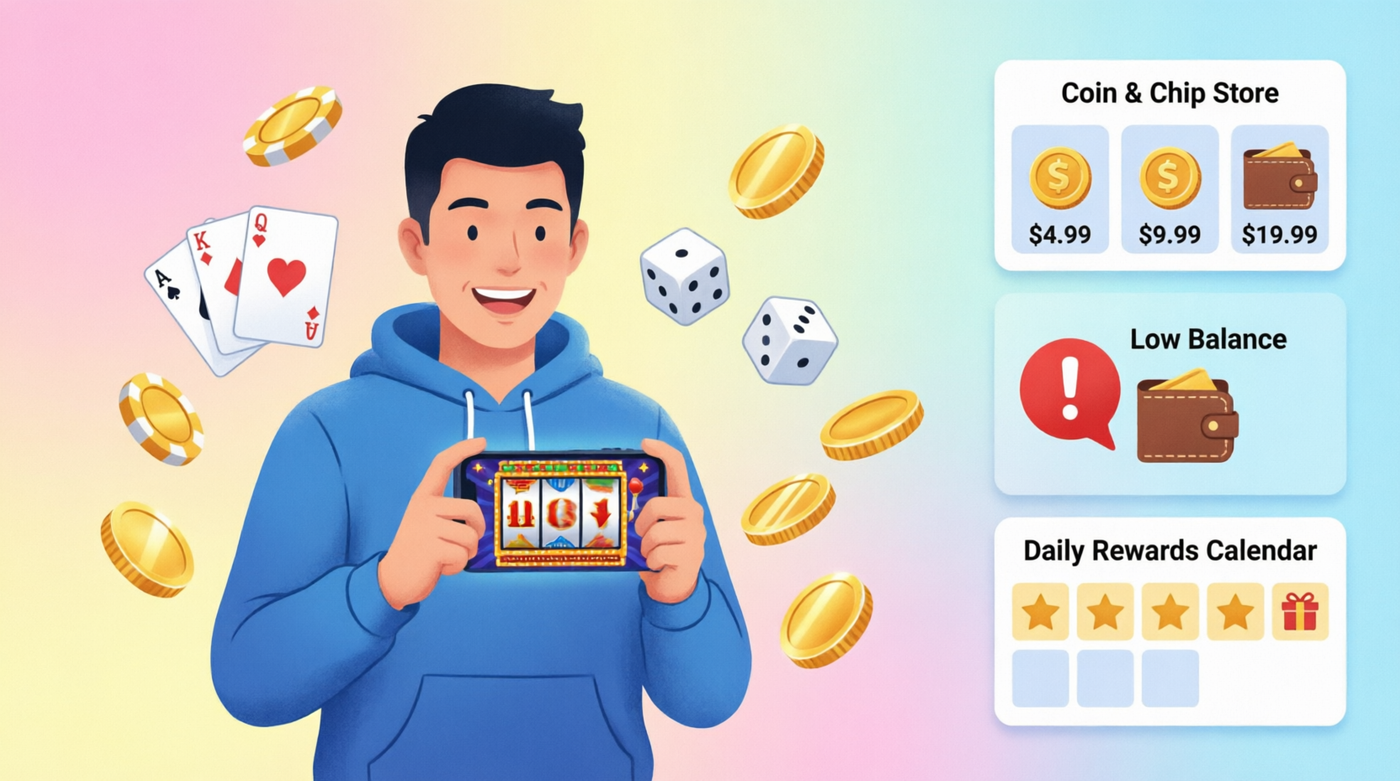 Casino player holding smartphone with slot machine game, surrounded by cards, dice, coins, chip store, low balance alert, and daily rewards calendar