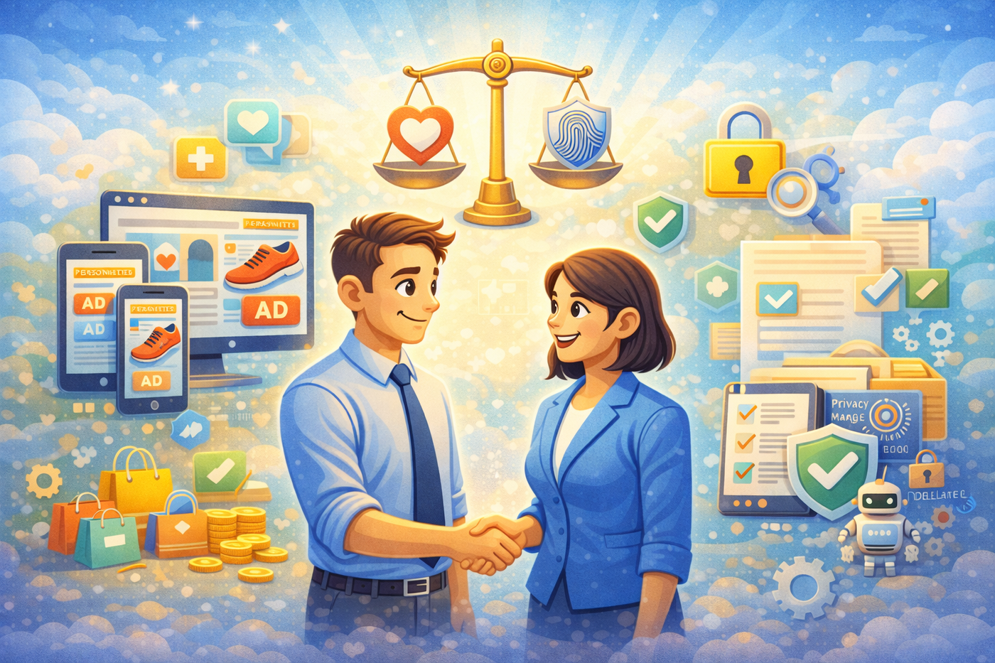 An illustration of a man and woman shaking hands, symbolizing an agreement that balances business advertising with data privacy.