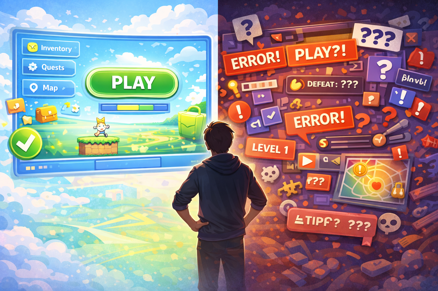 Wide split-scene illustration showing a player standing between two game experiences