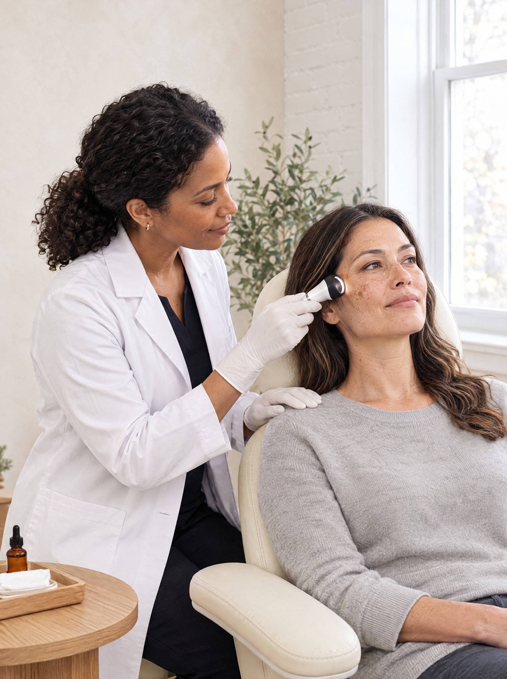 A practitioner examines sun spots on a patient's upper cheek with a handheld skin magnifier by the window at Ideal Body Clinic.