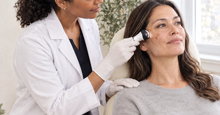 A practitioner examines sun spots on a patient's upper cheek with a handheld skin magnifier by the window at Ideal Body Clinic.