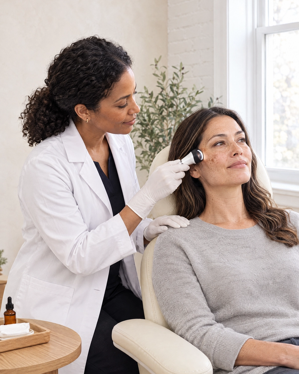 A practitioner examines sun spots on a patient's upper cheek with a handheld skin magnifier by the window at Ideal Body Clinic.