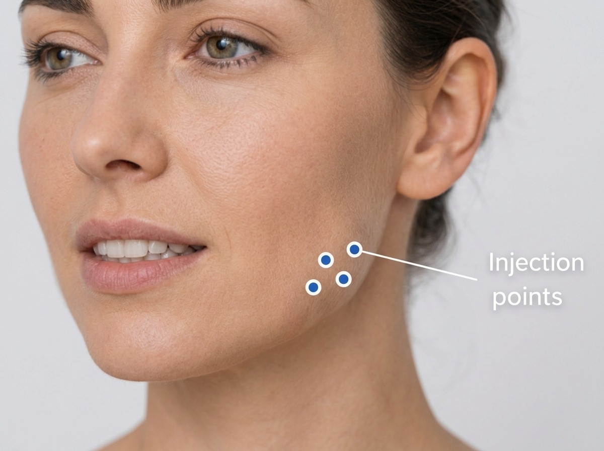 Injection points over the masseter muscle for facial slimming