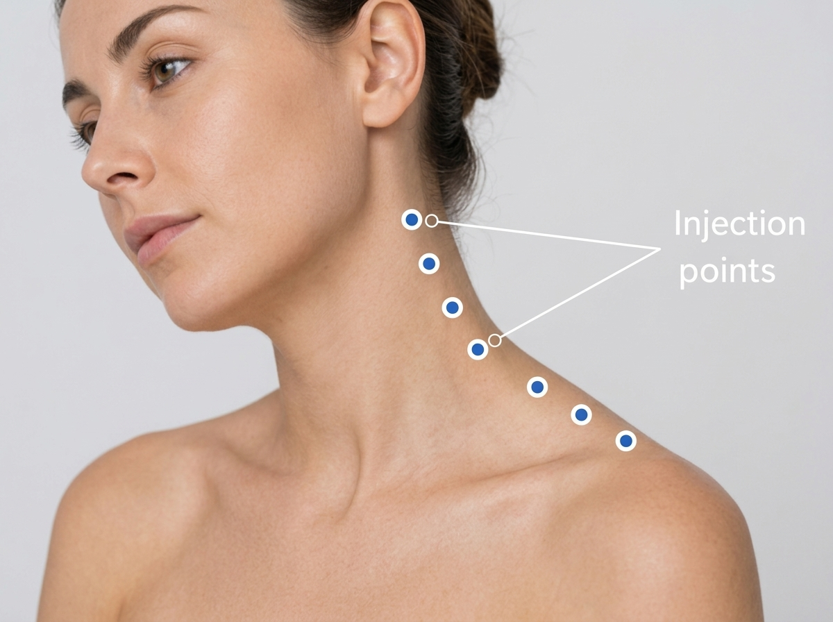 Injection points along the side of the neck and shoulder