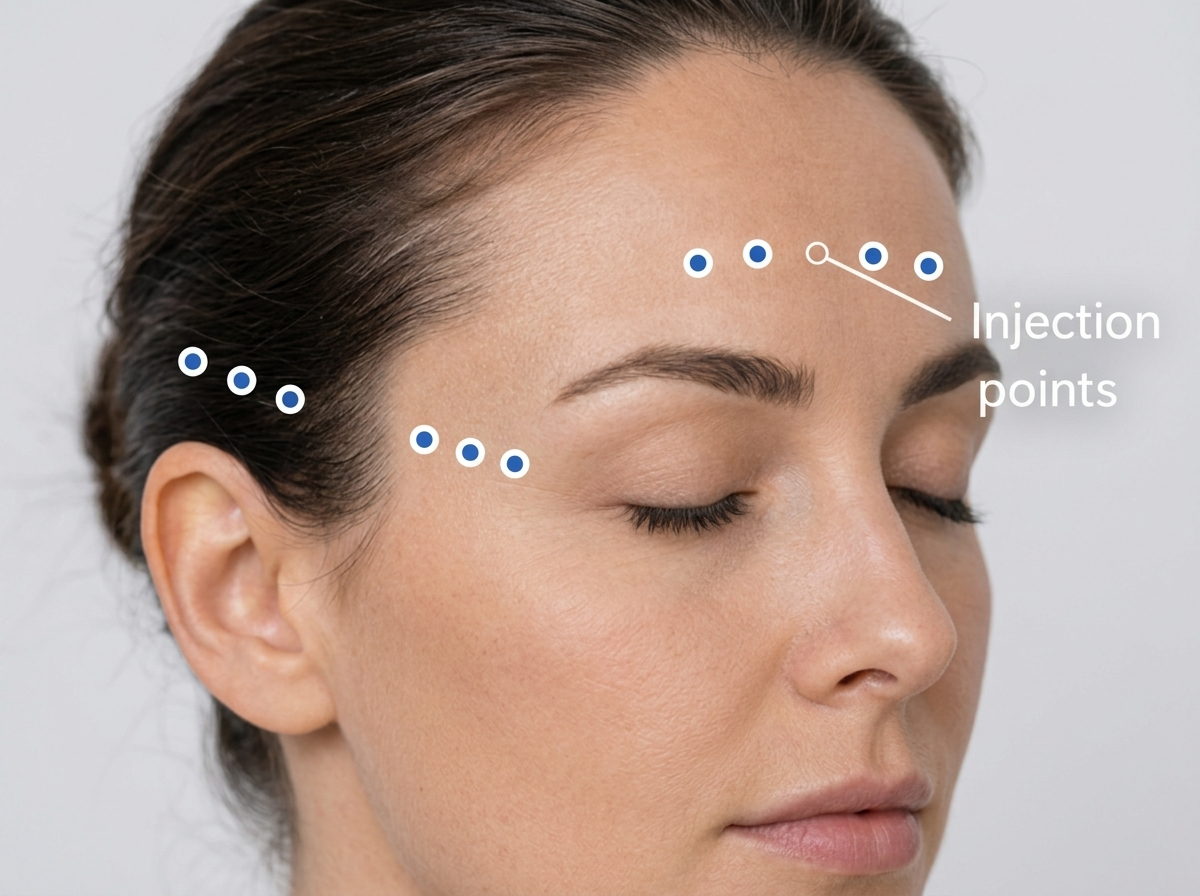Injection points across the forehead, temple and above the ear for chronic migraine