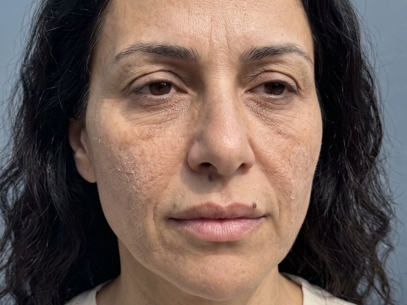 Patient photographed before treatment, facing the camera under even, directional daylight.
