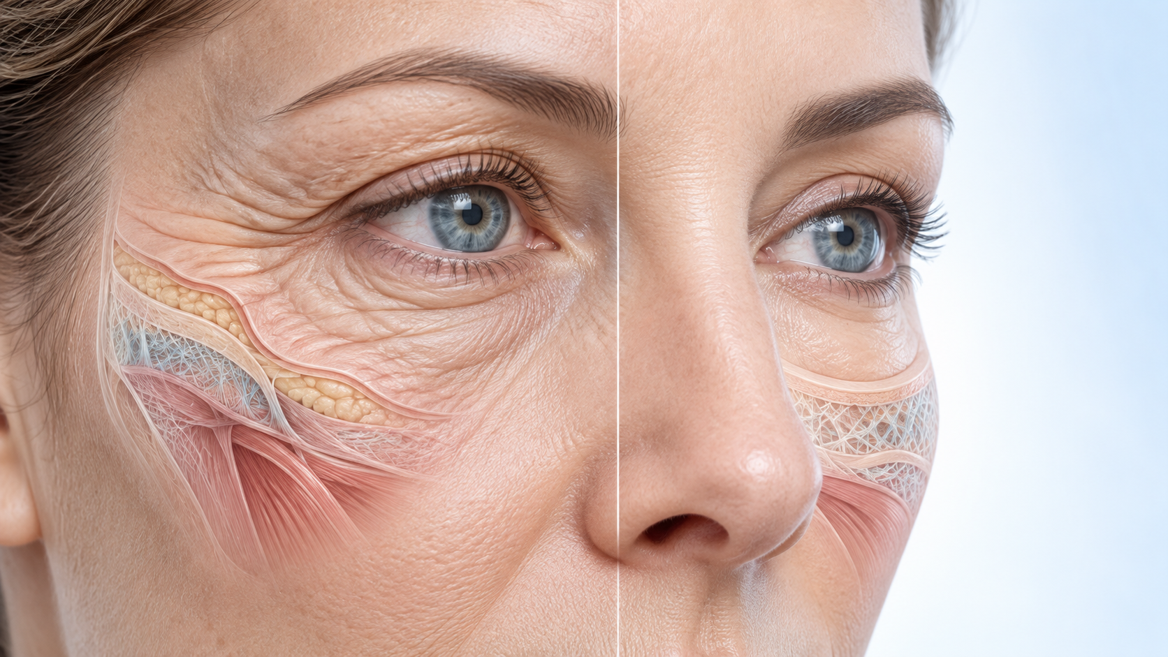 Close-up clinical illustration of an eye area showing crepey eyelid skin beside smoother, firmer periocular skin with subtle underlying tissue layers.