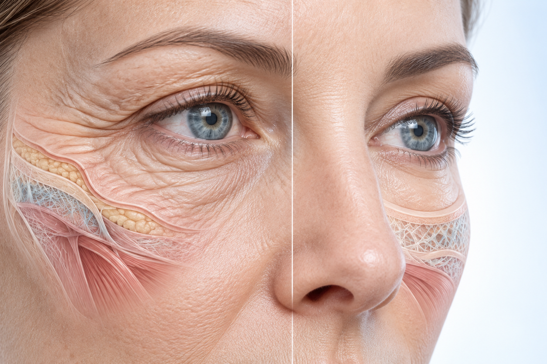 Close-up clinical illustration of an eye area showing crepey eyelid skin beside smoother, firmer periocular skin with subtle underlying tissue layers.
