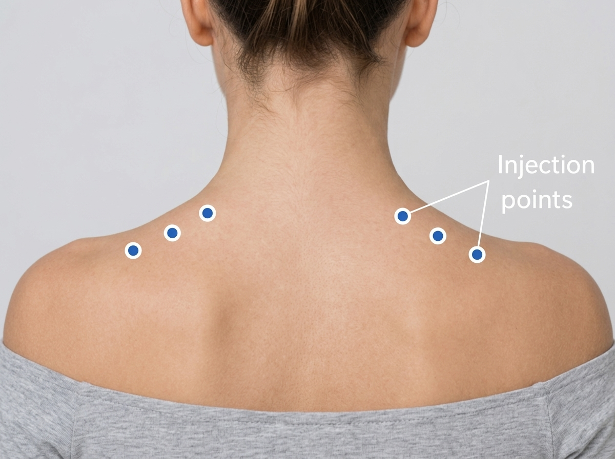Injection points along the upper trapezius muscles