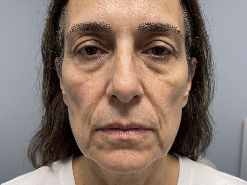 Patient photographed before treatment, facing the camera under even, directional daylight.