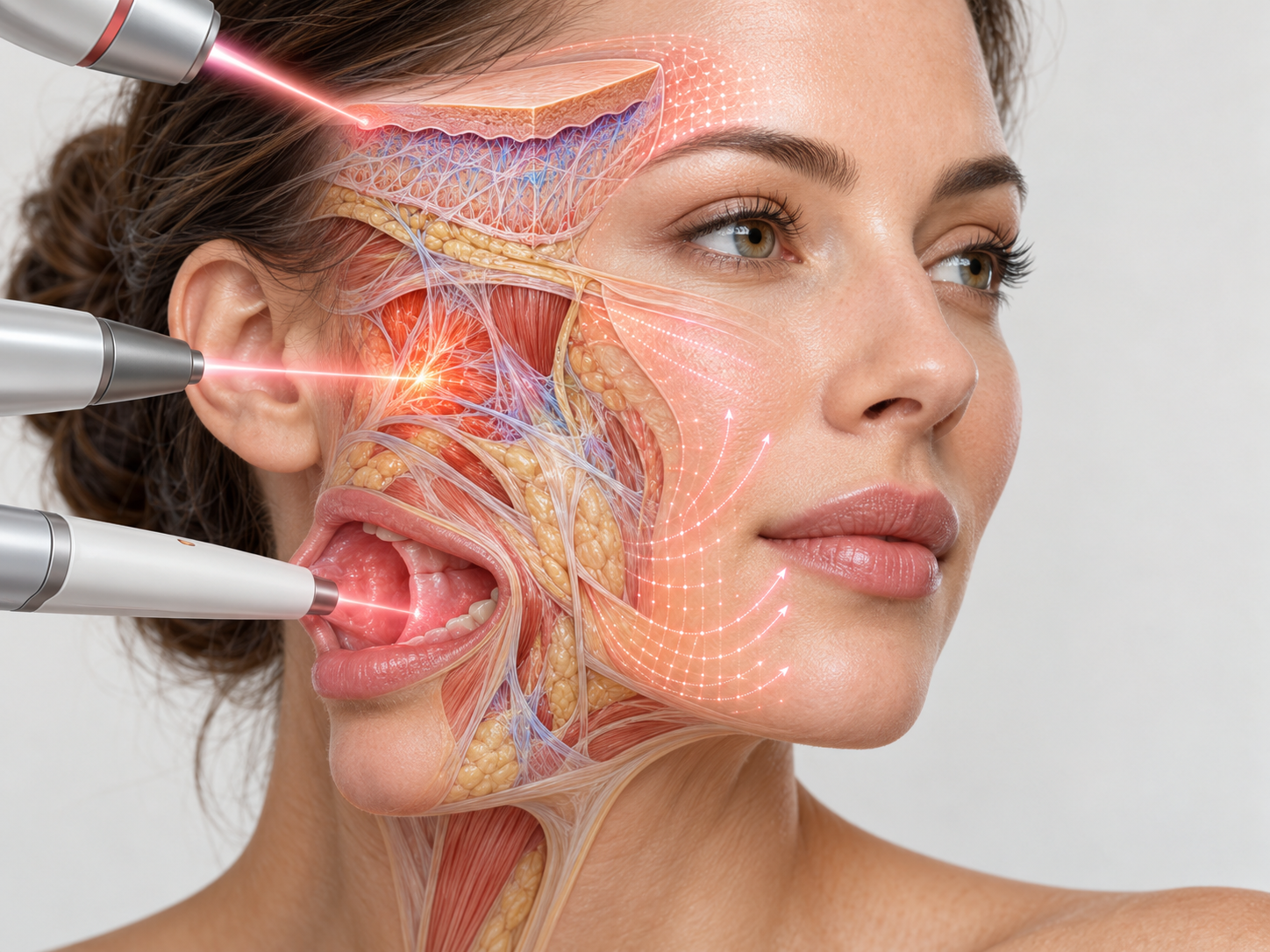 Medical illustration of a woman's face showing different skin layers and facial areas targeted during Fotona 4D laser rejuvenation.