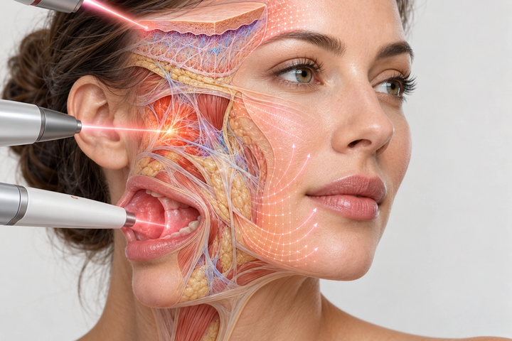 Medical illustration of a woman's face showing different skin layers and facial areas targeted during Fotona 4D laser rejuvenation.