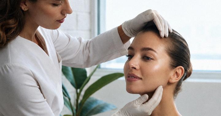 A practitioner at Ideal Body Clinic assesses a patient's jawline and cheeks before a hyaluronic acid filler treatment in Montreal.