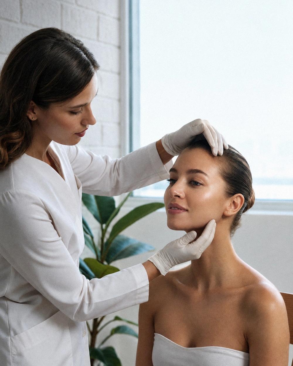 A practitioner at Ideal Body Clinic assesses a patient's jawline and cheeks before a hyaluronic acid filler treatment in Montreal.