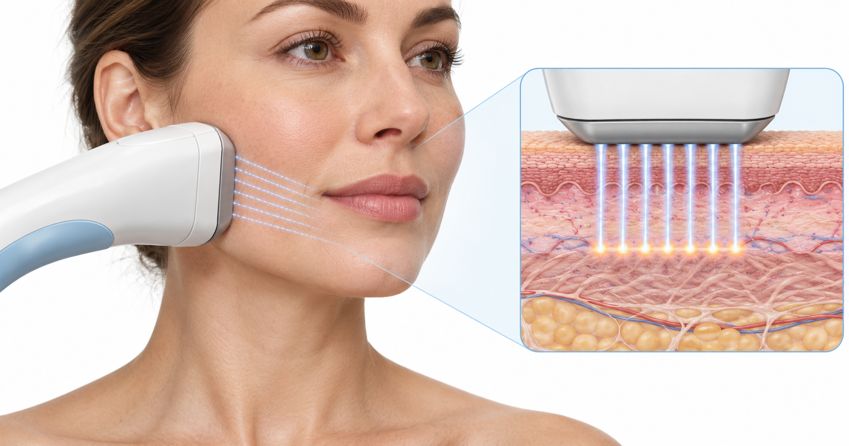 Medical illustration of a Sofwave applicator treating a woman's lower face, with a skin cross-section showing ultrasound energy reaching the dermis.
