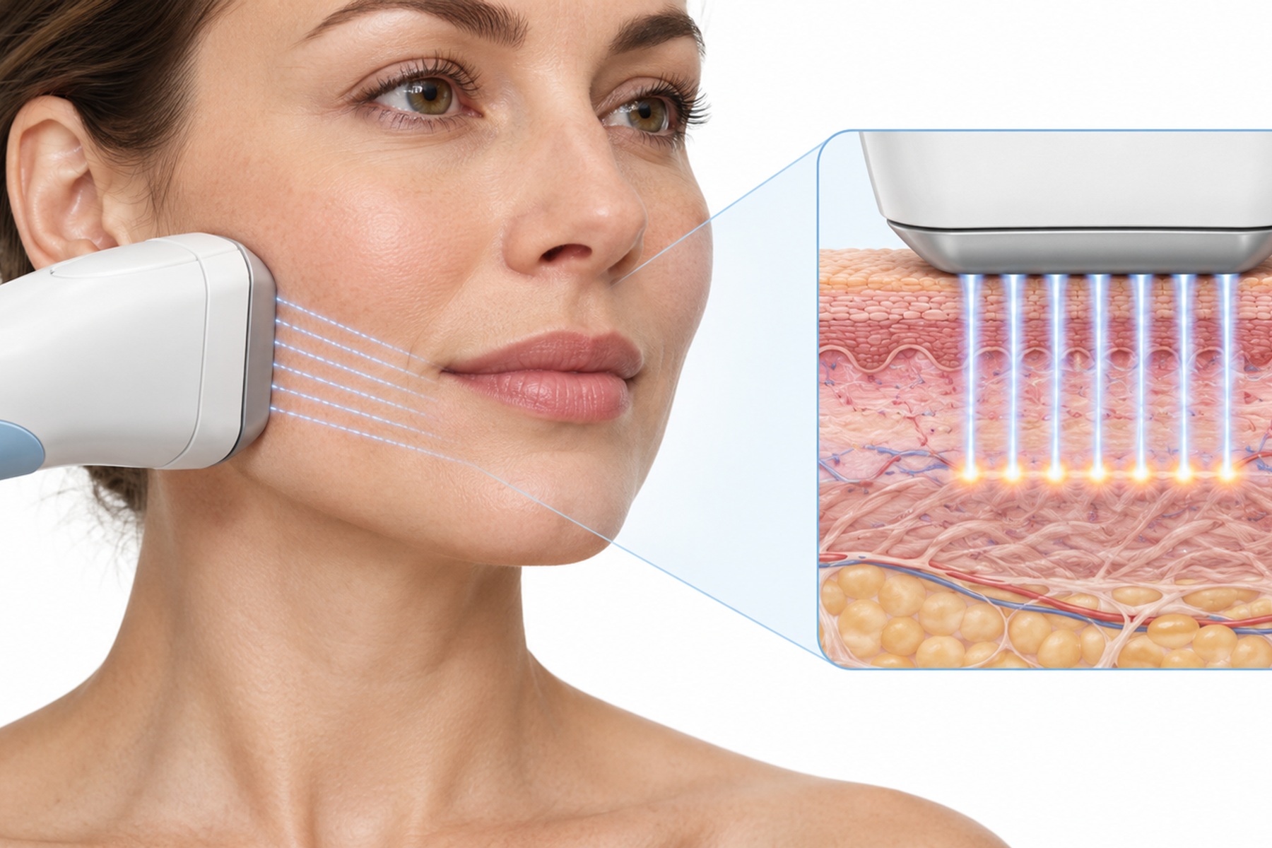 Medical illustration of a Sofwave applicator treating a woman's lower face, with a skin cross-section showing ultrasound energy reaching the dermis.