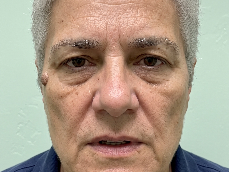 Patient photographed before treatment, facing the camera under even, directional daylight.