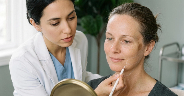 A patient settling out of a laugh while a gloved hand rests along her jawline during a consultation at Ideal Body Clinic in Montreal.