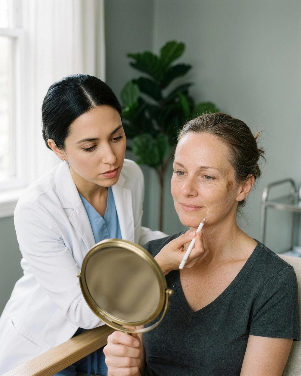 A patient settling out of a laugh while a gloved hand rests along her jawline during a consultation at Ideal Body Clinic in Montreal.