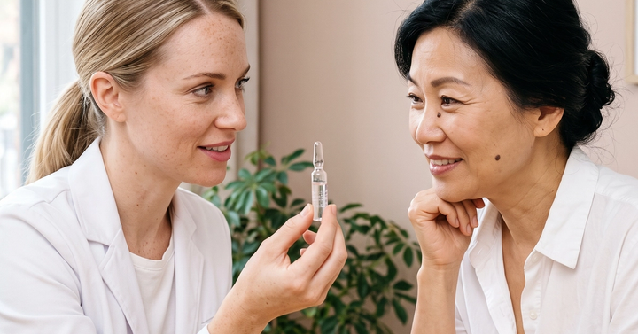 A patient by the window mid-laugh with a physician smiling behind her during a consultation at Ideal Body Clinic in Montreal.