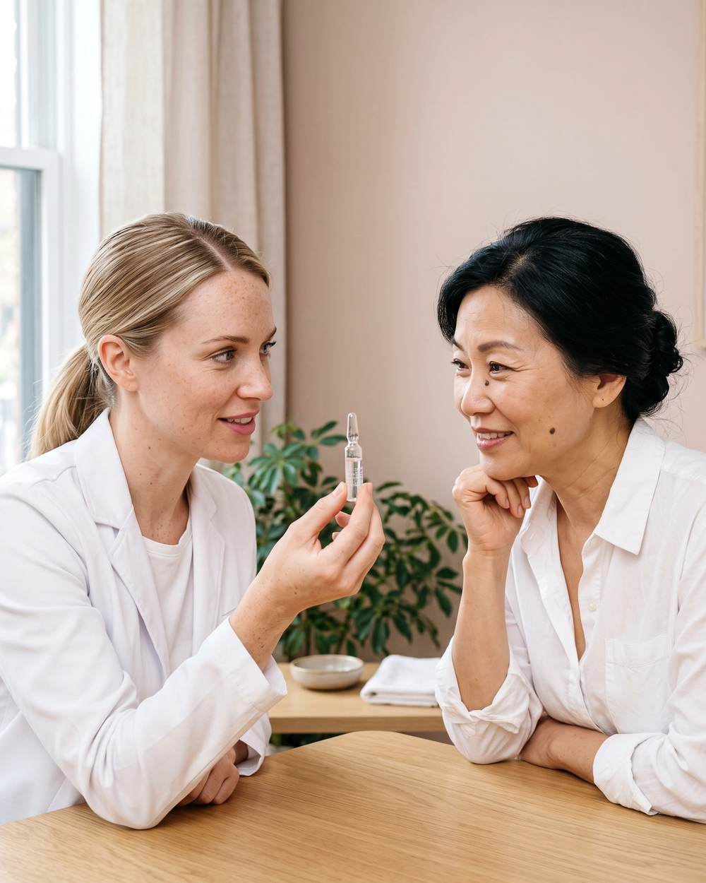 A patient by the window mid-laugh with a physician smiling behind her during a consultation at Ideal Body Clinic in Montreal.