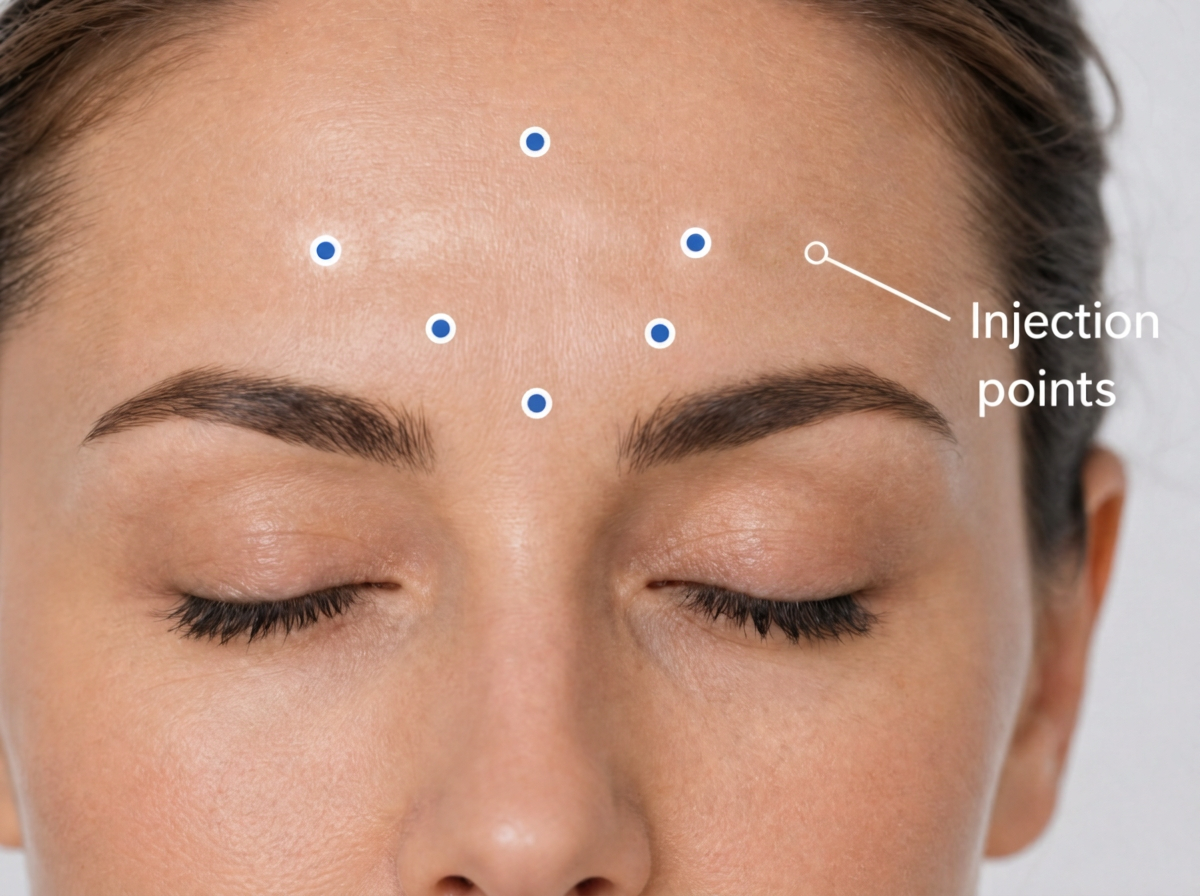 Reduced-dose Baby Botox injection points across the upper face