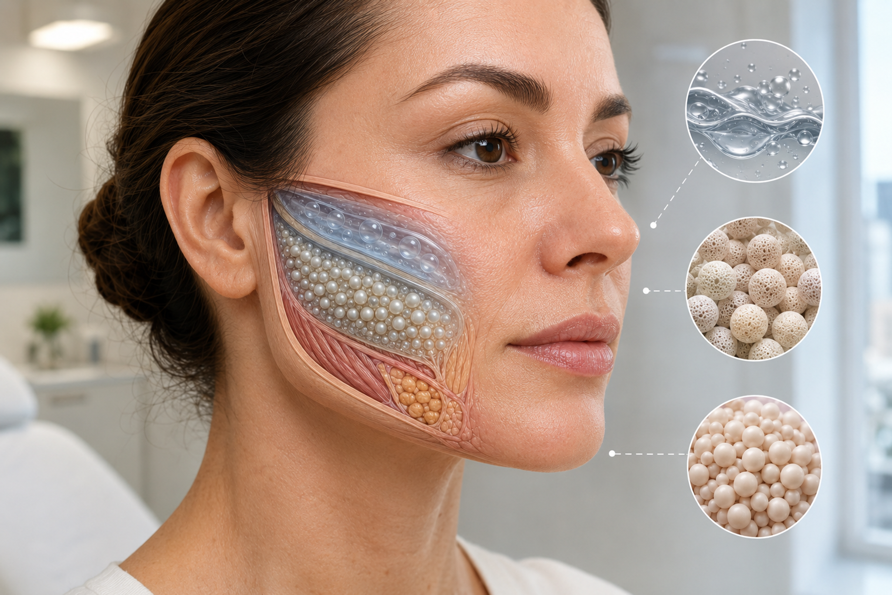 Clinical illustration of a patient’s cheek showing hyaluronic acid gel and calcium hydroxyapatite microspheres beneath the skin.