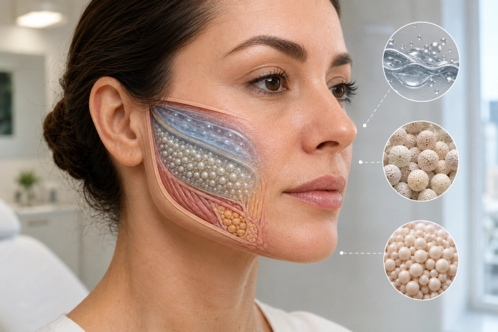 Clinical illustration of a patient’s cheek showing hyaluronic acid gel and calcium hydroxyapatite microspheres beneath the skin.