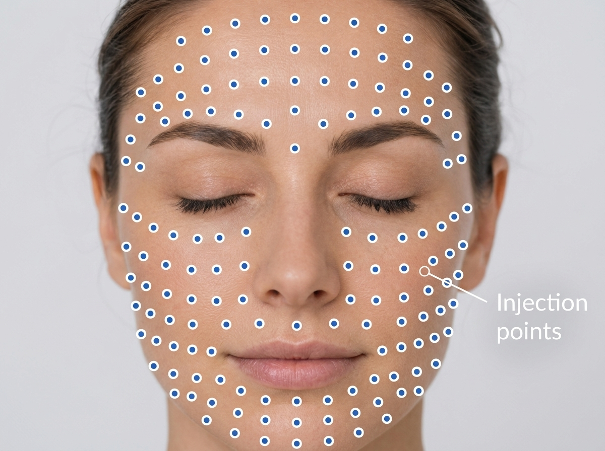 MicroBotox injection points distributed across the face
