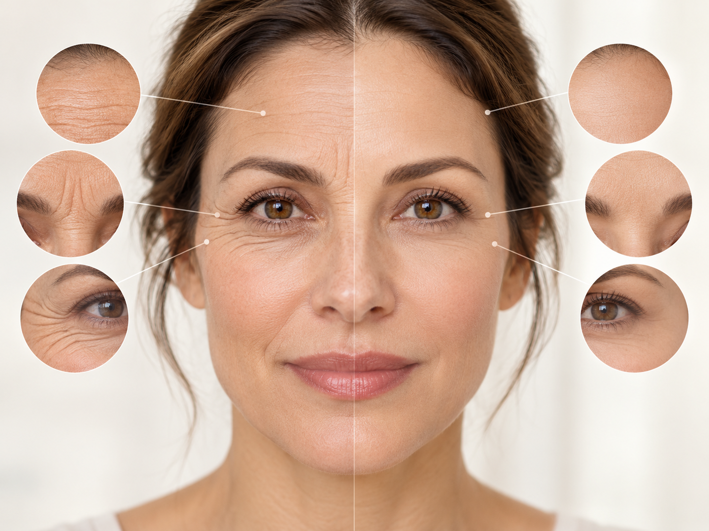 Medical illustration of a woman's face showing expression lines on one side and softened facial lines on the other.