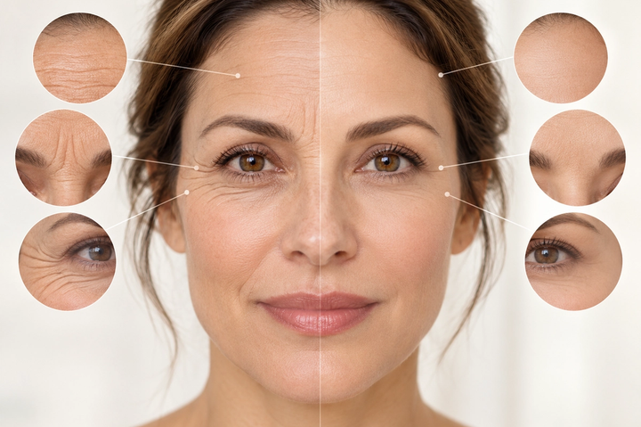 Medical illustration of a woman's face showing expression lines on one side and softened facial lines on the other.