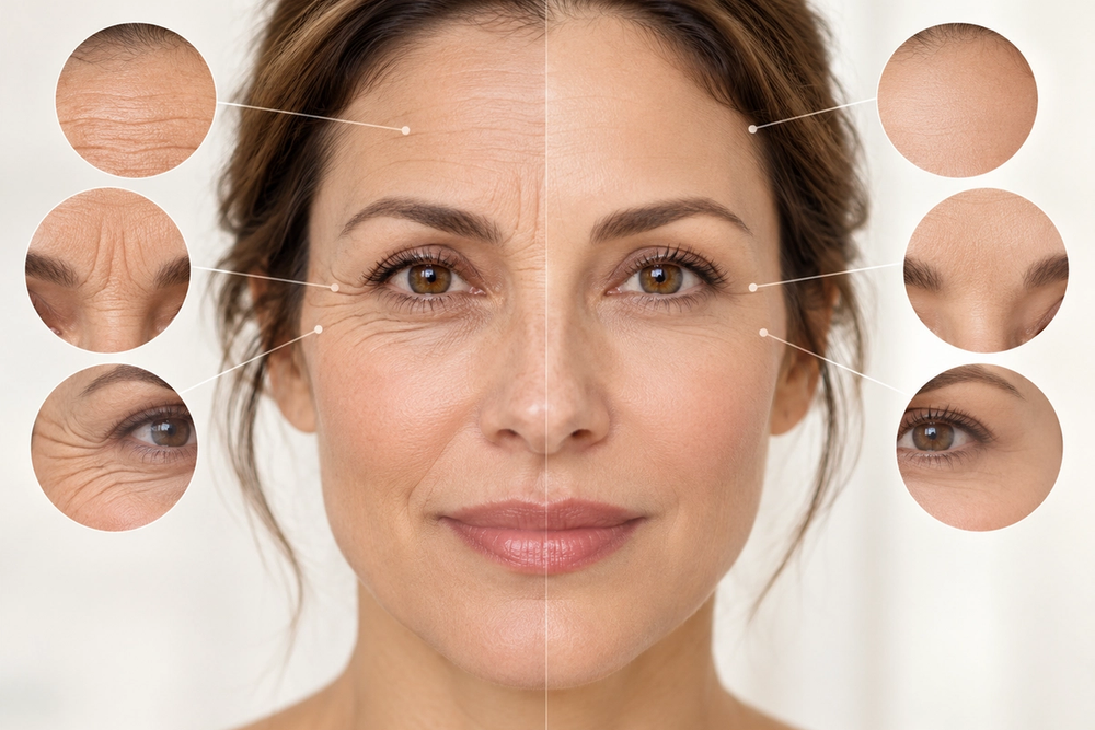 Medical illustration of a woman's face showing expression lines on one side and softened facial lines on the other.