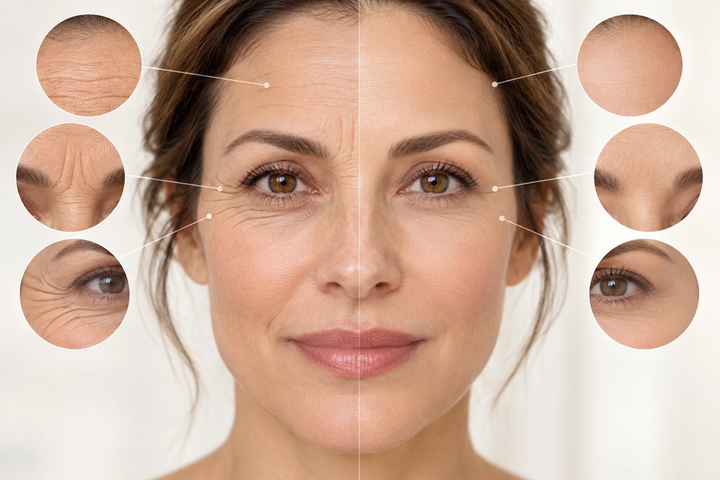 Medical illustration of a woman's face showing expression lines on one side and softened facial lines on the other.
