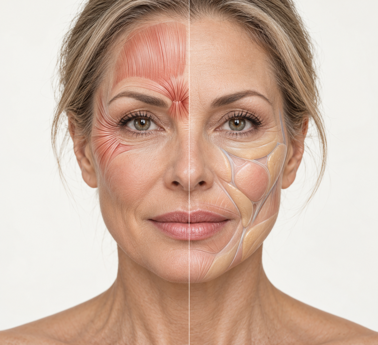 Medical illustration comparing facial muscle areas commonly targeted by Botox with facial areas where dermal fillers may restore volume.