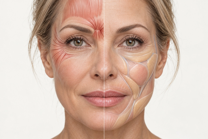 Medical illustration comparing facial muscle areas commonly targeted by Botox with facial areas where dermal fillers may restore volume.