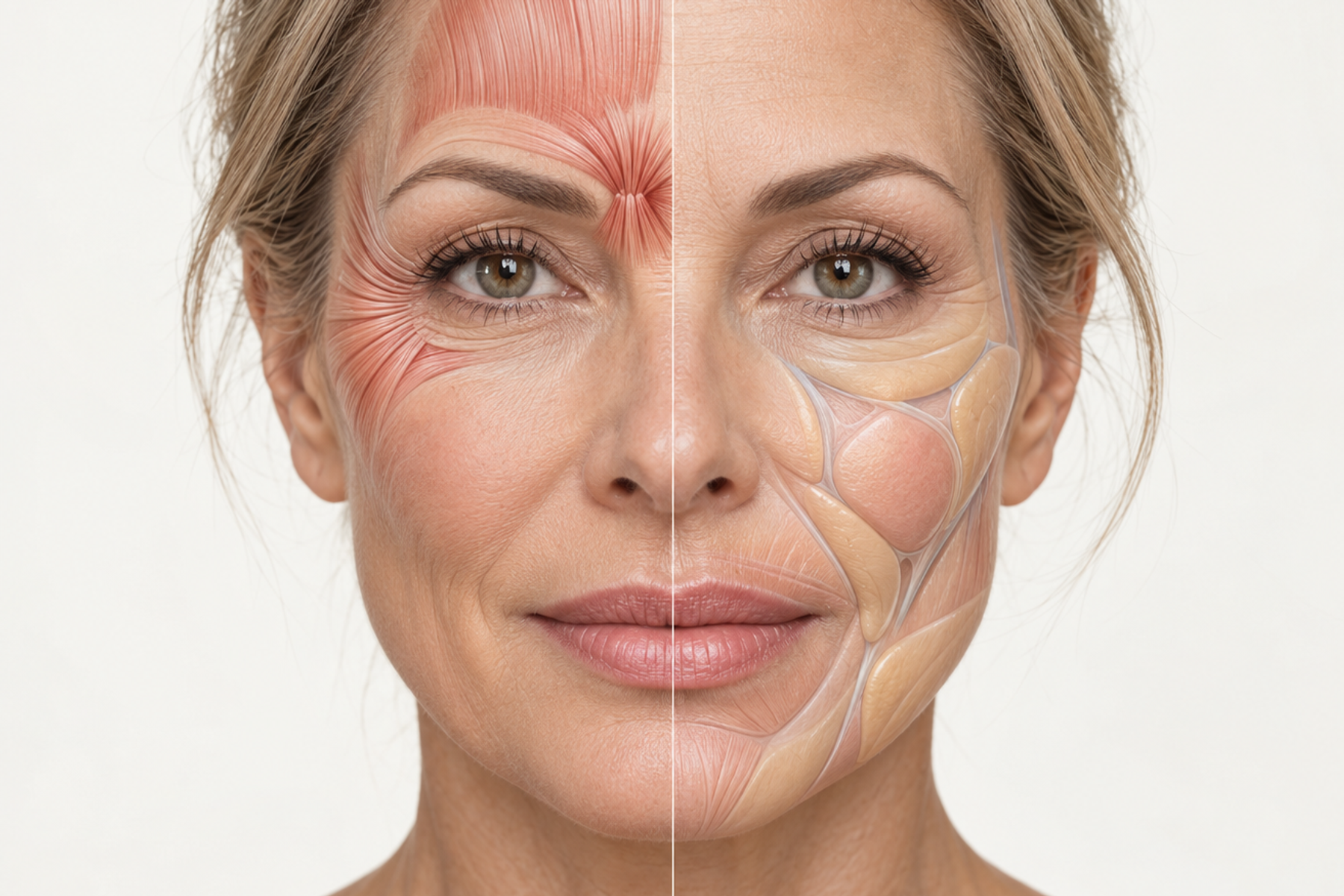 Medical illustration comparing facial muscle areas commonly targeted by Botox with facial areas where dermal fillers may restore volume.