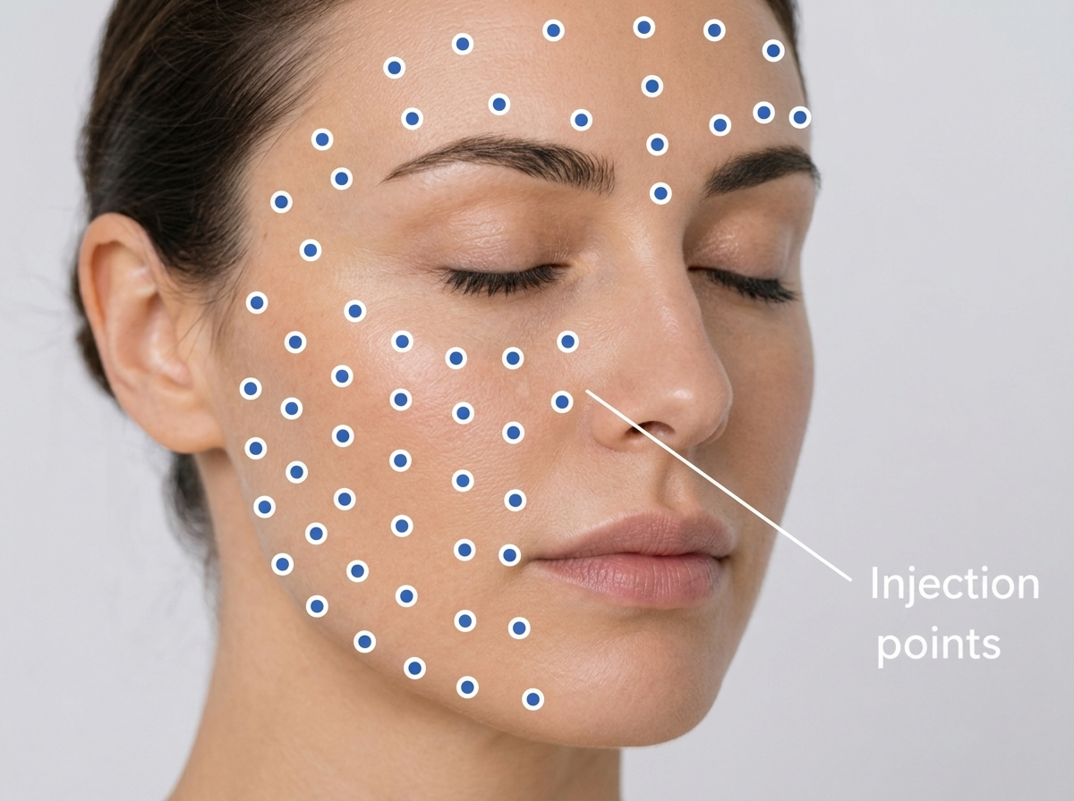 MicroBotox and mesotherapy skin booster injection points across the face