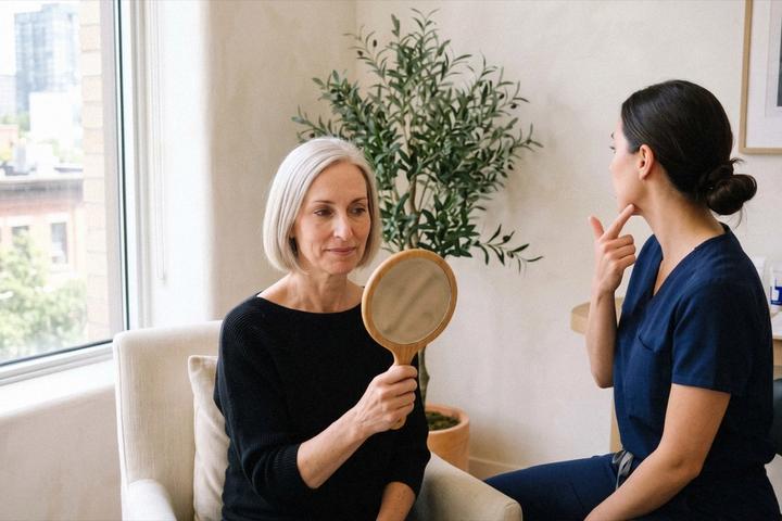 A woman holds a hand mirror during a consultation while a practitioner talks her through skin tightening options.