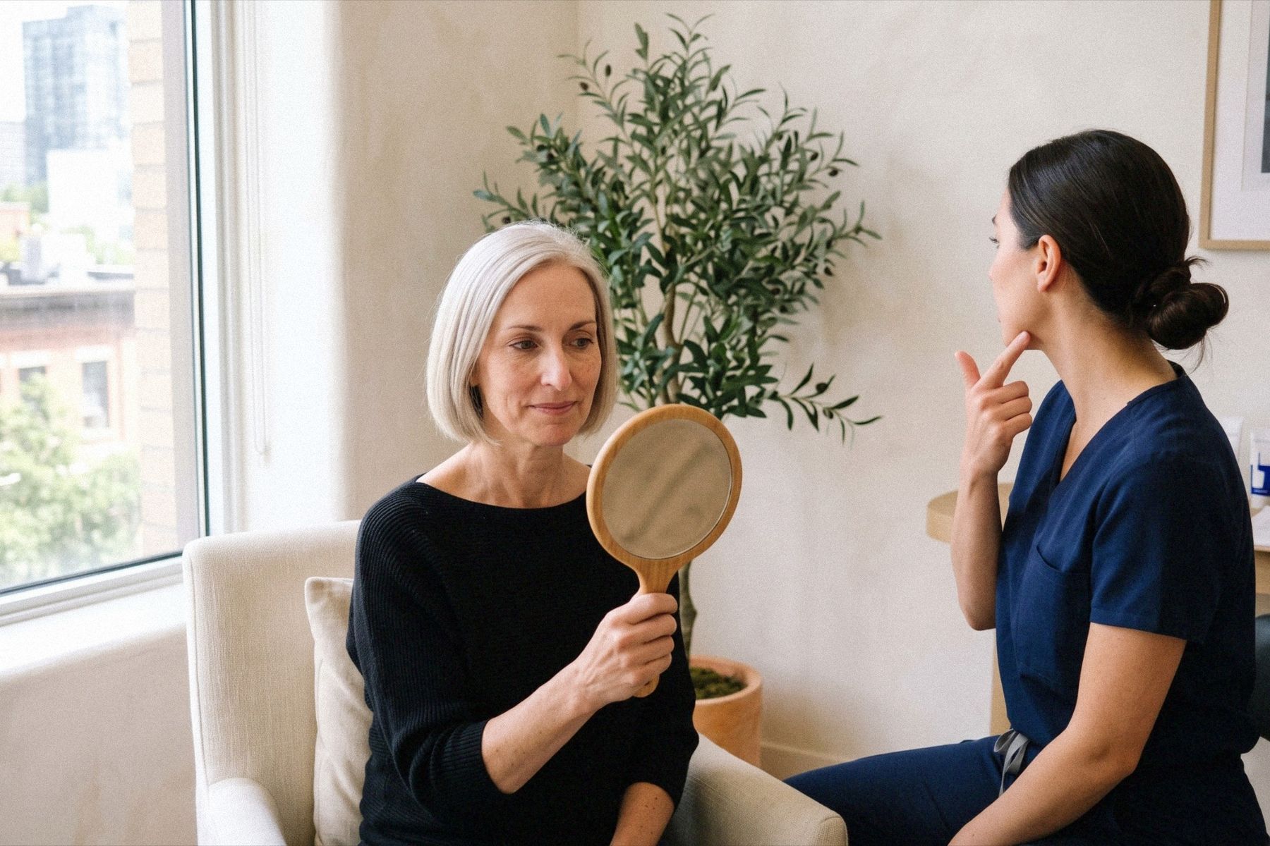 A woman holds a hand mirror during a consultation while a practitioner talks her through skin tightening options.