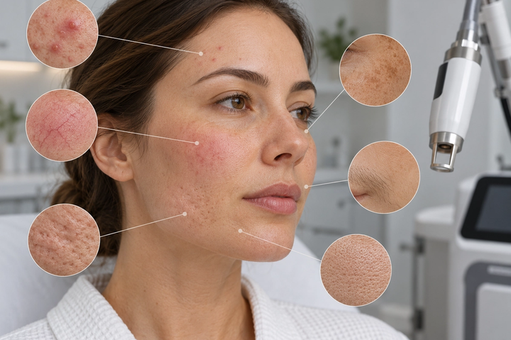 A natural adult face shown in a clinical setting with subtle areas representing acne, redness, pigmentation, facial hair, scars and uneven skin texture.