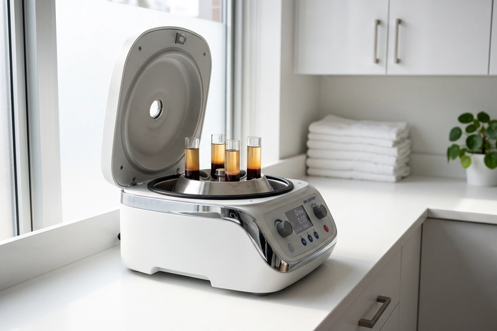 Three tubes of separated blood plasma stand in an open benchtop centrifuge on a clinic counter.