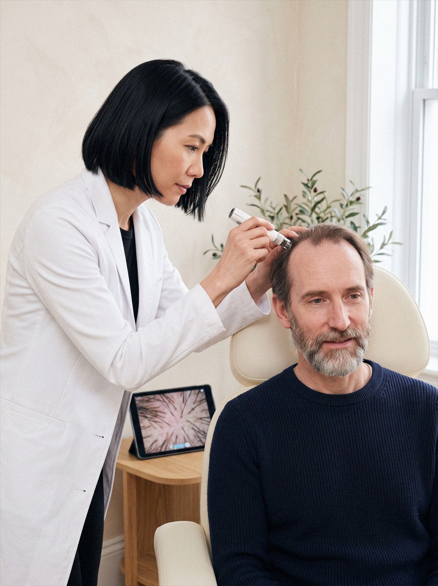A practitioner examines a man's scalp with a handheld camera while a tablet shows the magnified view.