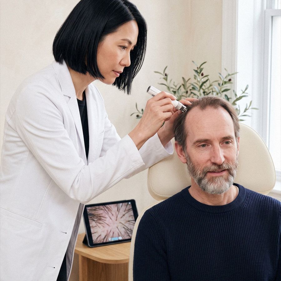 A practitioner examines a man's scalp with a handheld camera while a tablet shows the magnified view.