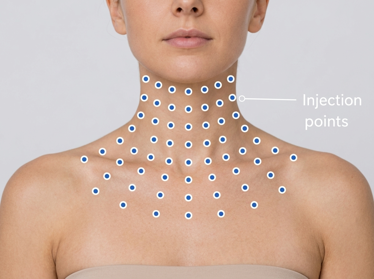 MicroBotox injection points across the neck and décolleté