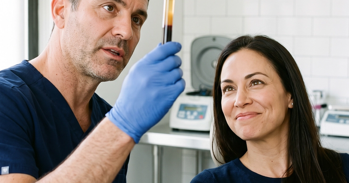 A physician explaining a treatment plan to a smiling patient during a consultation at Ideal Body Clinic in Montreal.
