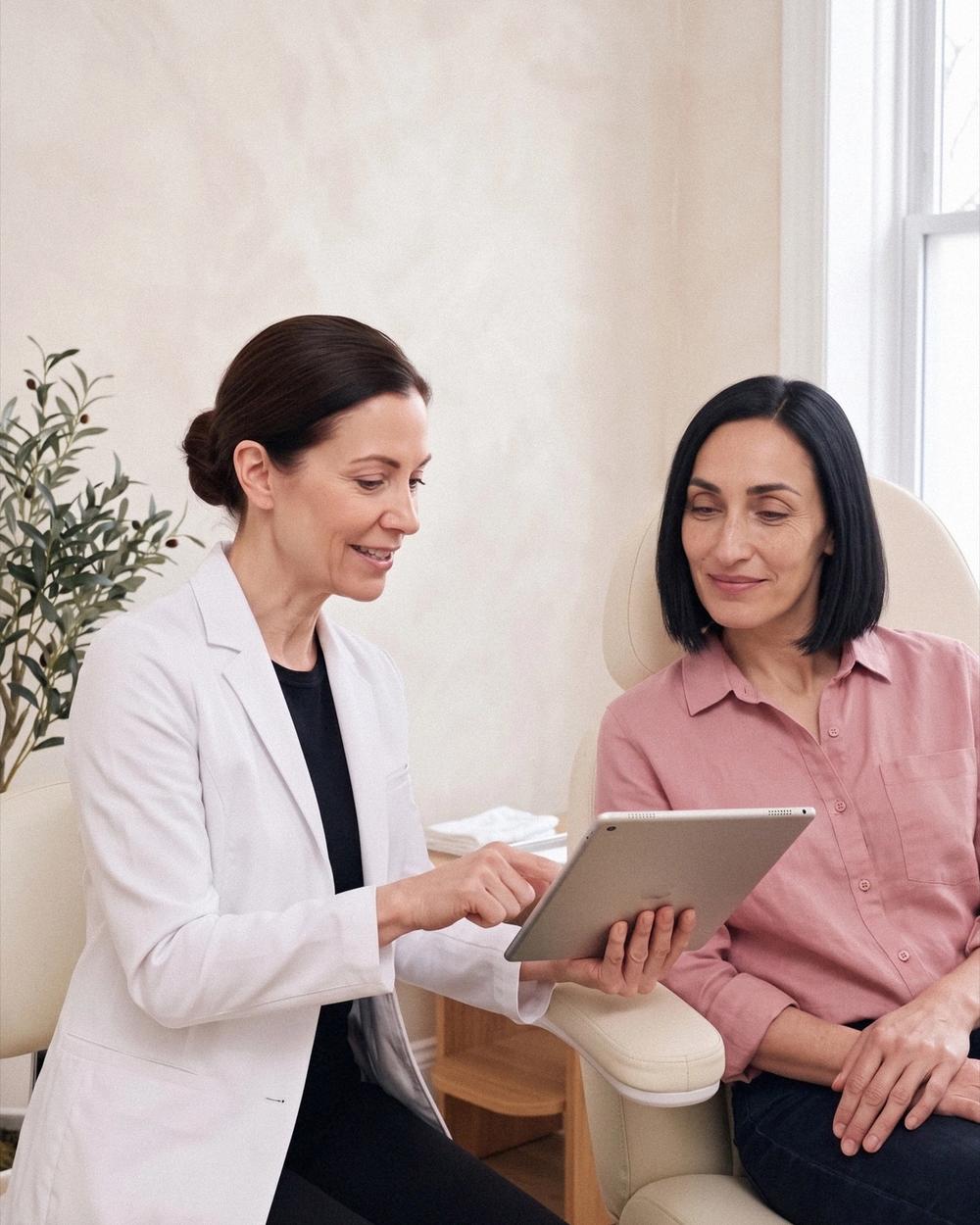 A physician at Ideal Body Clinic reviews a chart on a tablet with a patient during a medical weight loss consultation.
