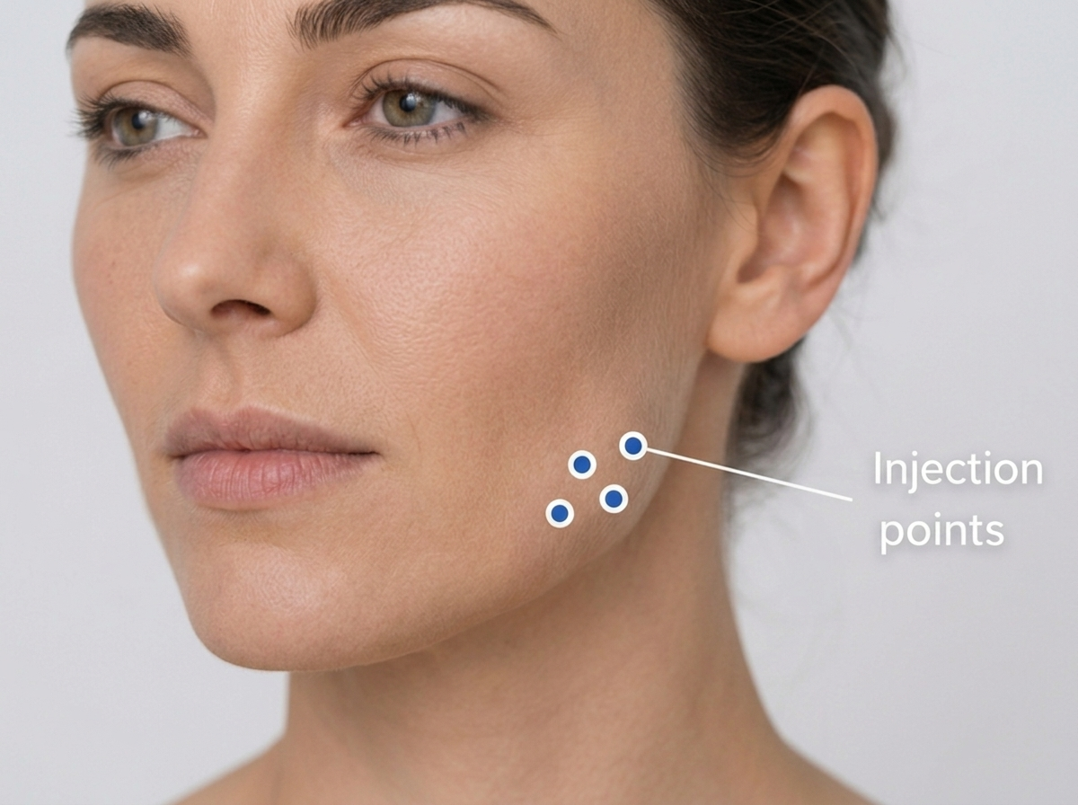 Injection points over the masseter muscles for bruxism and jaw clenching