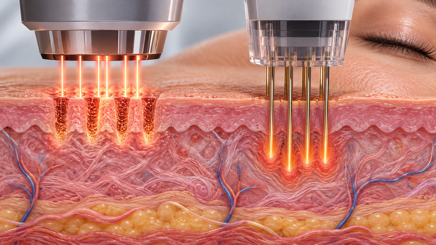 Clinical illustration showing fractional CO₂ laser columns at the skin surface with RF microneedles reaching deeper dermal layers.