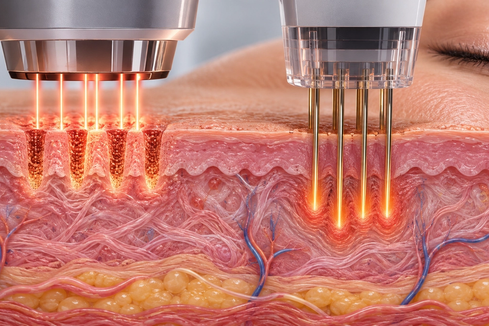 Clinical illustration showing fractional CO₂ laser columns at the skin surface with RF microneedles reaching deeper dermal layers.
