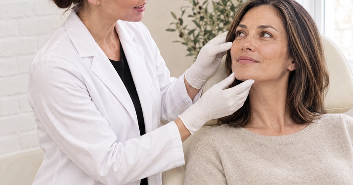 A physician at Ideal Body Clinic assesses a patient's cheekbone and jawline with gloved hands during a consultation before a biostimulator treatment.
